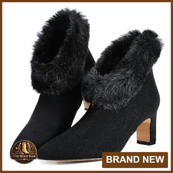 Faux Suede Ankle Boots with Fur Cuff Chunky Heel Pointed Toe Zipper